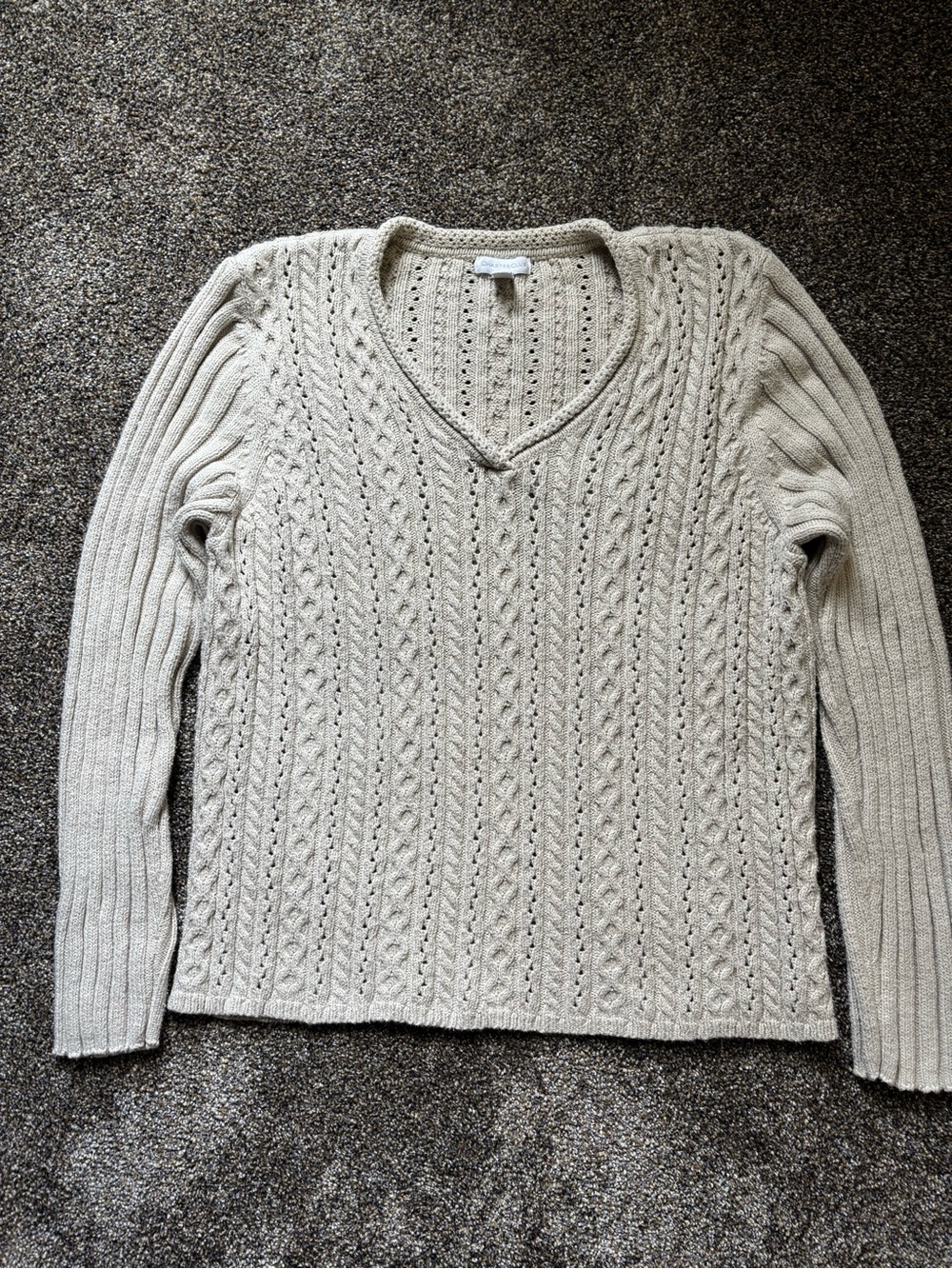 Charter Club Cable Knit Sweater Flax color Cotton XL V-neck Coastal-Fisherman